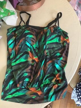 Belle by Kim Gravel Iridescent Green Black Orange Zebra-Print Swm Tankini top